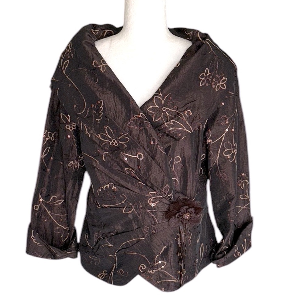 Jackie Jon Brown Embroidered Sequin Beaded Rosette Collared Ruched Wrap Top - 12